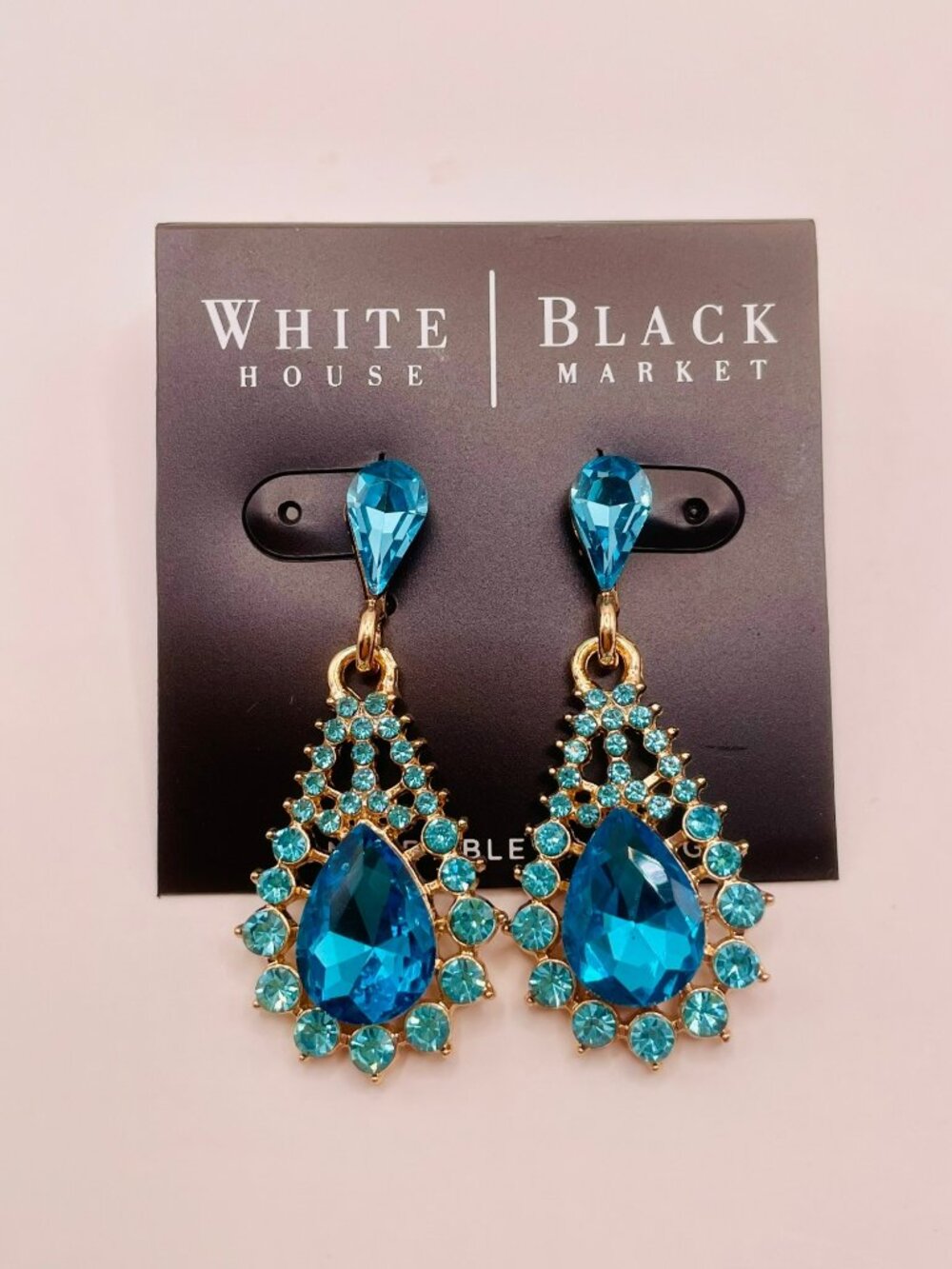 New White House Black Market Blue Crystal Teardrop Earrings Gold-Tone -21B